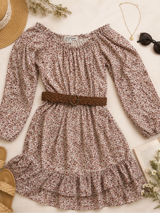 Wallflower Dresses & Skirts - Wallflower Cream Floral Off-Shoulder Dress with Tan Braided Belt